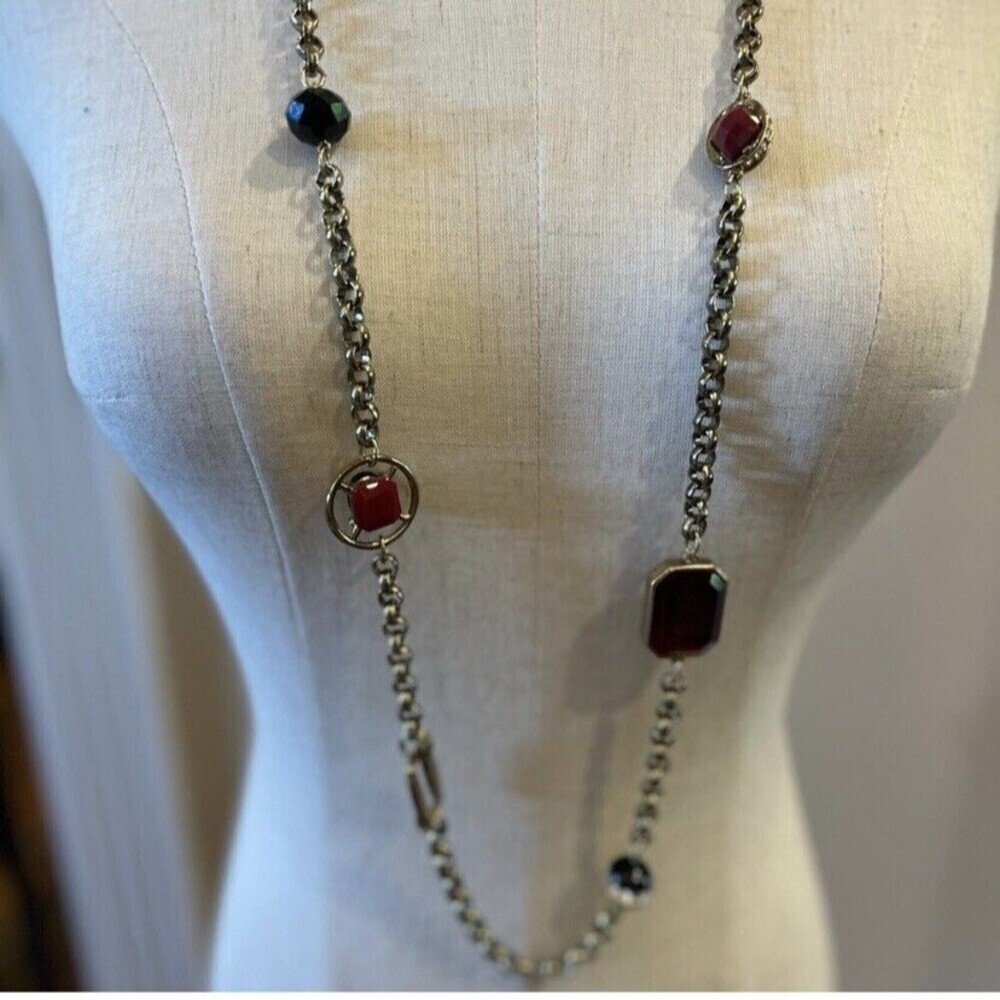 Chico's Station Necklace Rhinestone Lucite Long Flapper Rolo Belcher Chain Vtg